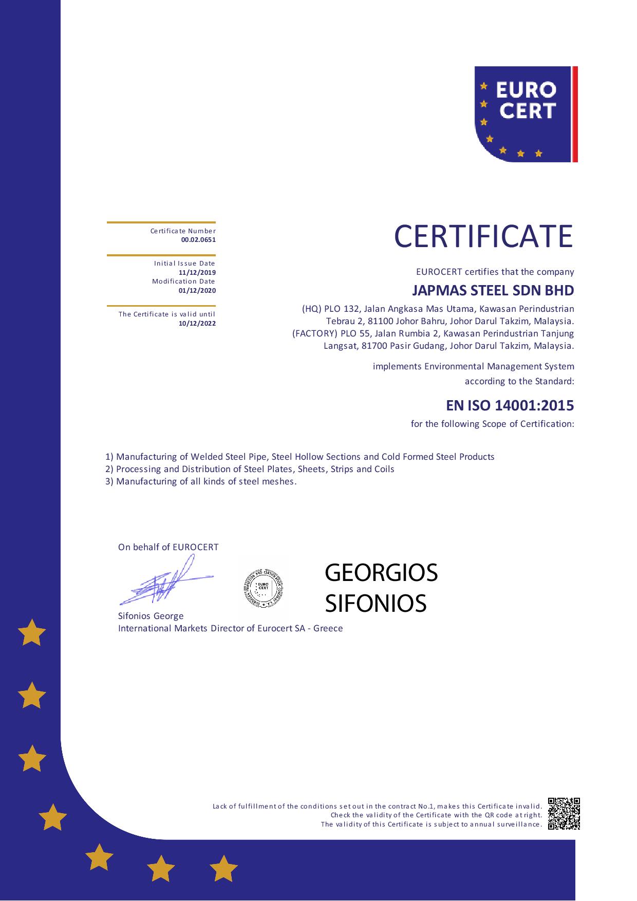Certificate ISO 14001 JAPMAS